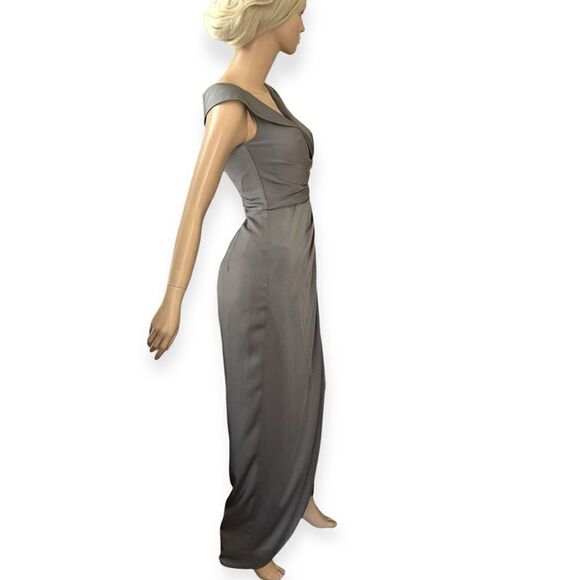 LA FEMME Surplice Off The Shoulder Column Gown In Pewter Size 0 NEW - Picture 6 of 13
